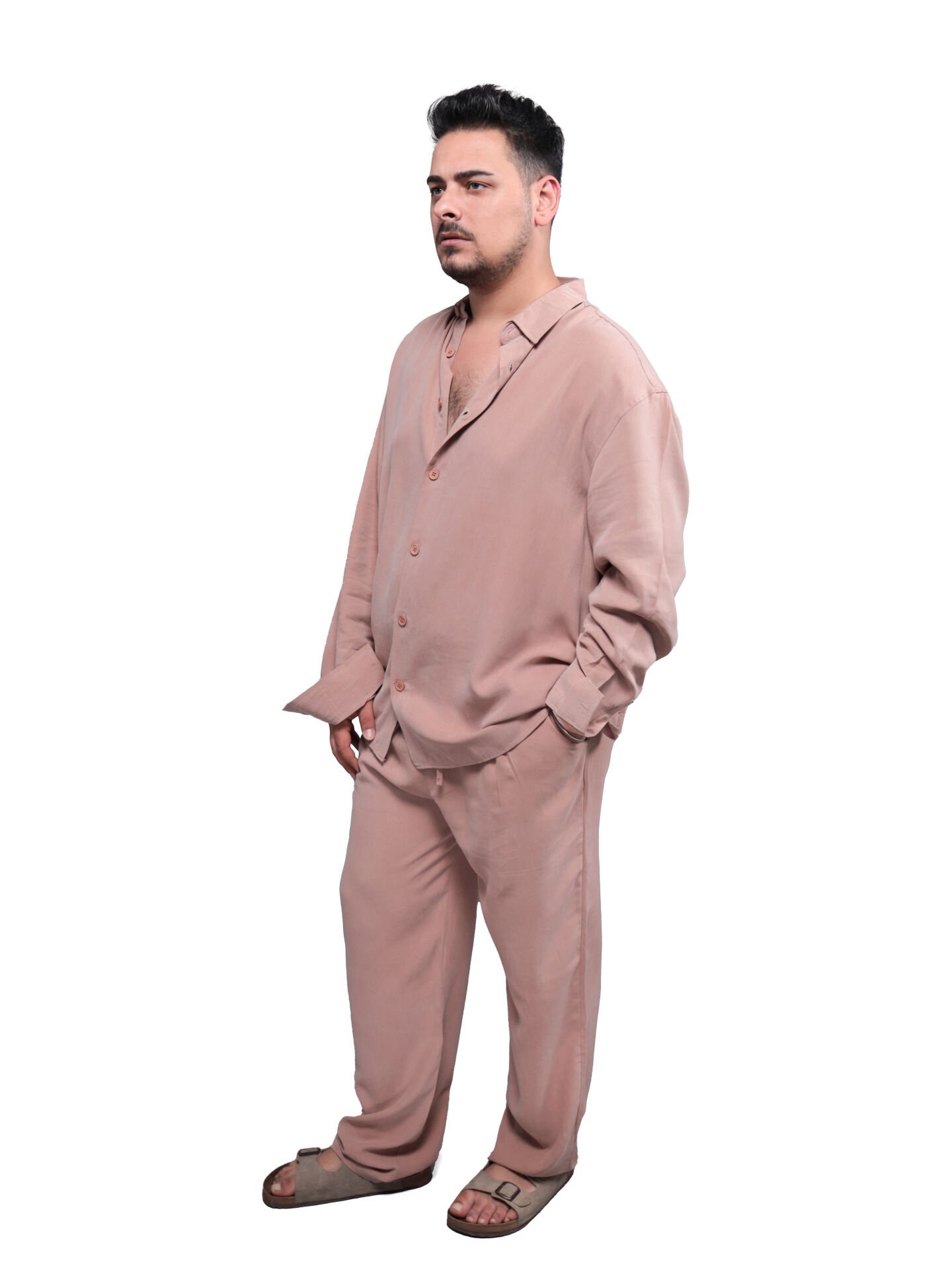 TENCEL OVERSİZE ERKEK TAKIM - PUDRA PEMBE / YAZLIK SALAŞ GÖMLEK